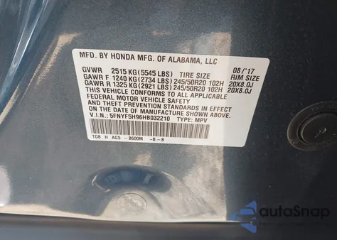 2017 Honda Pilot Touring из США, поврежденный, VIN 5FNYF5H96HB032210